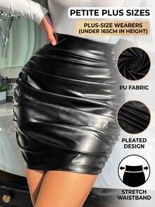 SHEIN PETITE CURVE 大码女式纯色高腰褶皱PU皮革紧身迷你裙 - 黑色 - 查看 4