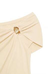 Franclia 女士金属扭纹装饰T恤 - 杏色 - 查看 4