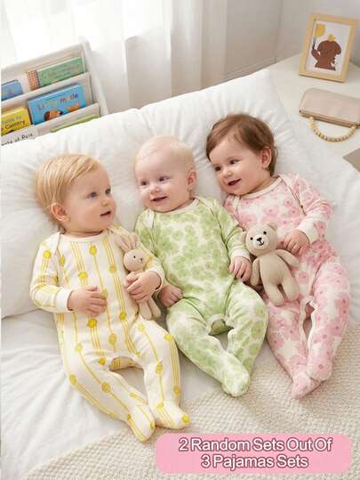 [3 Sets Random, 2 Sets Sent] Newborn Spring/Summer Fruit & Plant Print Short Sleeve Romper Set, Soft & Comfortable Fabric, Suitable For Newborn Change Of Clothes, Indoor & Outdoor Wear