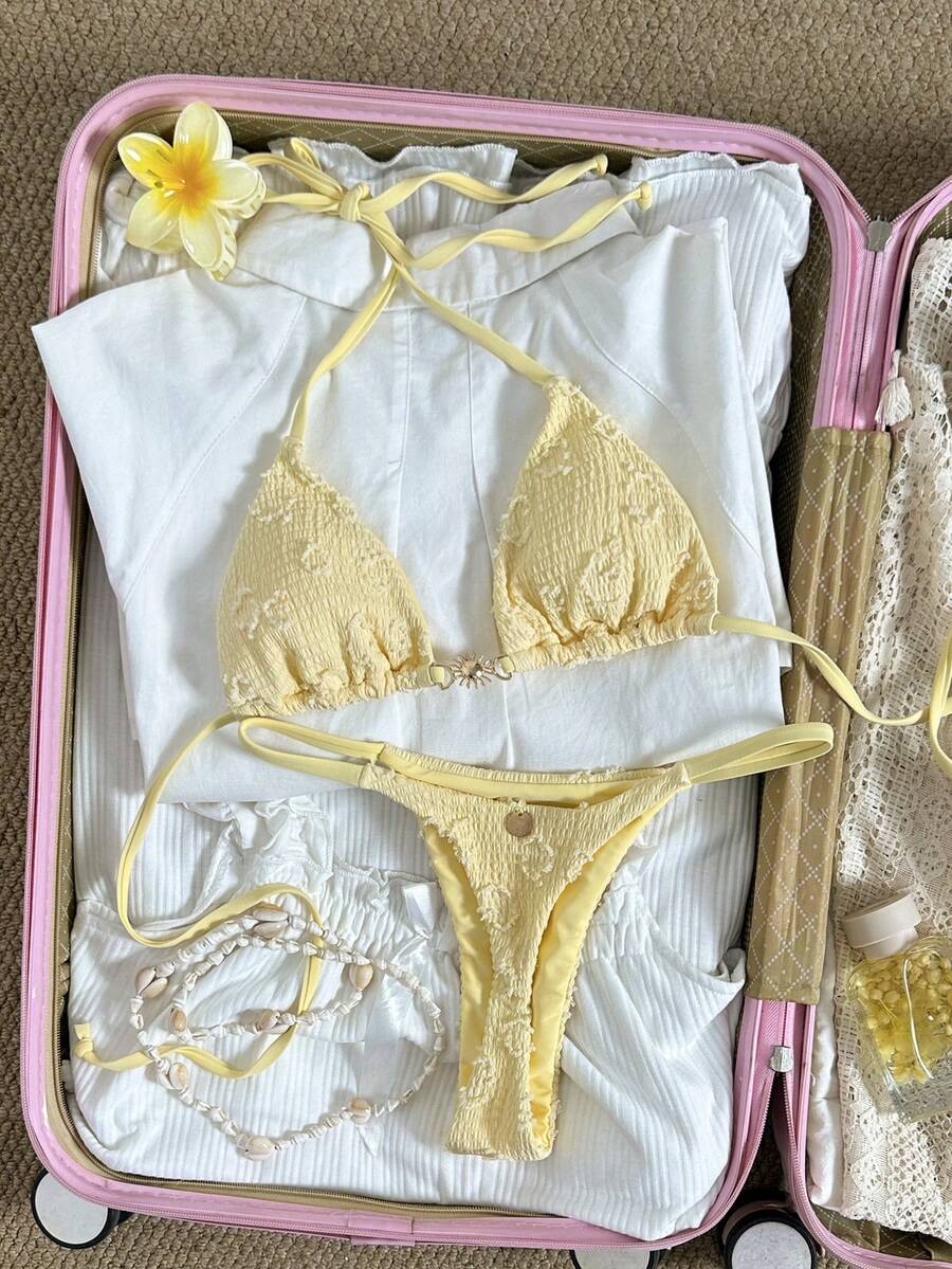 Swim Mod Women's 2026 Spring/Summer New Buttercup Yellow Jacquard Textured V-Neck Backless Triangle Bikini Two Pieces Swimsuit, Sexy & Sweet For Beach Vacation Yellow Two Piece Set Bikini Yellow Two Piece Swimsuit Yellow Two Piece Set Women Zante Holiday Outfit - Yellow - View 1