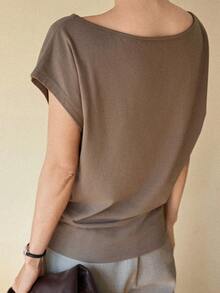 Dazy-Less Camiseta de mujer de manga corta de unicolor casual, versátil para el verano y el estilo casual de negocios - Café integral - Ver 6