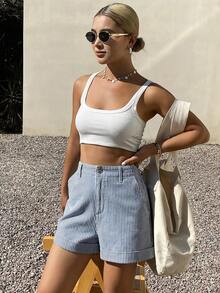 DAZY Women's Striped Cuffed Pocket High Waist Casual Versatile Denim Shorts, Spring/Summer Jorts - Blue - View 5