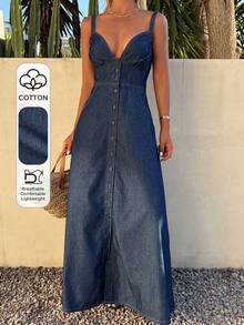 DAZY Vestido de mezclilla azul con cuello en V, botones frontales y abertura para vacaciones y playa para mujer - Azul - Ver 1