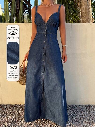 DAZY Vestido de mezclilla azul con cuello en V, botones frontales y abertura para vacaciones y playa para mujer