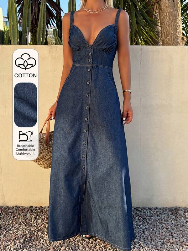 DAZY Vestido de mezclilla azul con cuello en V, botones frontales y abertura para vacaciones y playa para mujer