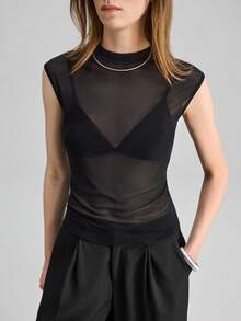 Women's Stand Collar Mesh Sheer Sexy T-Shirt For Dates & Outings,Summer Top - Black - View 7