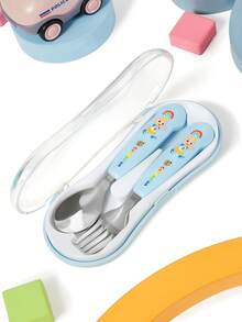 CoComelon X SHEIN 可爱卡通奶酪造型银色两件套叉勺，餐具，餐具 - 彩色 - 查看 2