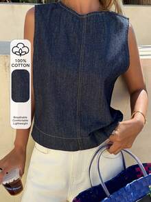 DAZY Women's Casual Sleeveless Denim Top - Blue - View 1