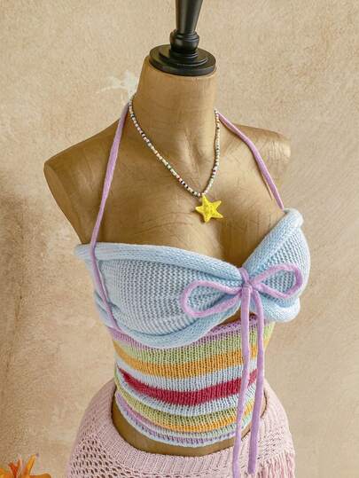 Soleia 两件套女士条纹吊带针织上衣和蝴蝶结装饰抹胸针织衫套装