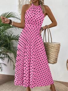 EMERY ROSE Đầm maxi chấm bi cổ yếm không tay dành cho nữ, thích hợp cho kỳ nghỉ biển. - Hồng - Xem 4