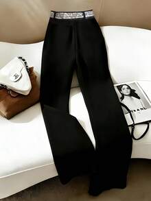 Franclia Women's Silk Scarf Knit Flared Tie-Waist Pants - Black - View 2