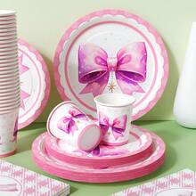 粉色蝴蝶结一次性餐盘、餐巾纸和杯子，派对用品套装，可供 24 人使用，一次性纸质派对餐具，适合生日、婚礼、主题派对和家庭野餐。 - 查看 3