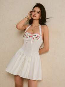 Poéselle Women's Spring/Summer Floral Embroidered Mini Dress, Romantic Vacation/Date Outfit - White - View 6