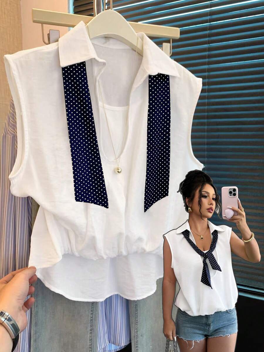 Lyxana Polka Dot Print Tie Collar Sleeveless Splicing Asymmetrical Hem Ruched Loose Women Shirt - White - View 1