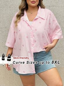 SHEIN CURVE+ Áo kiểu nữ cỡ lớn in hoa, tay dài, bèo nhún, dáng rộng, thích hợp mặc ngoài trời, ngày Valentine. - màu đen - Xem 1