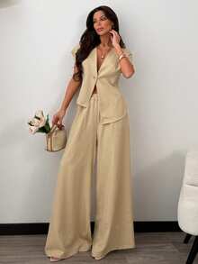Women Two Pieces Vest And Pant Suit Sets - Beige - View 1