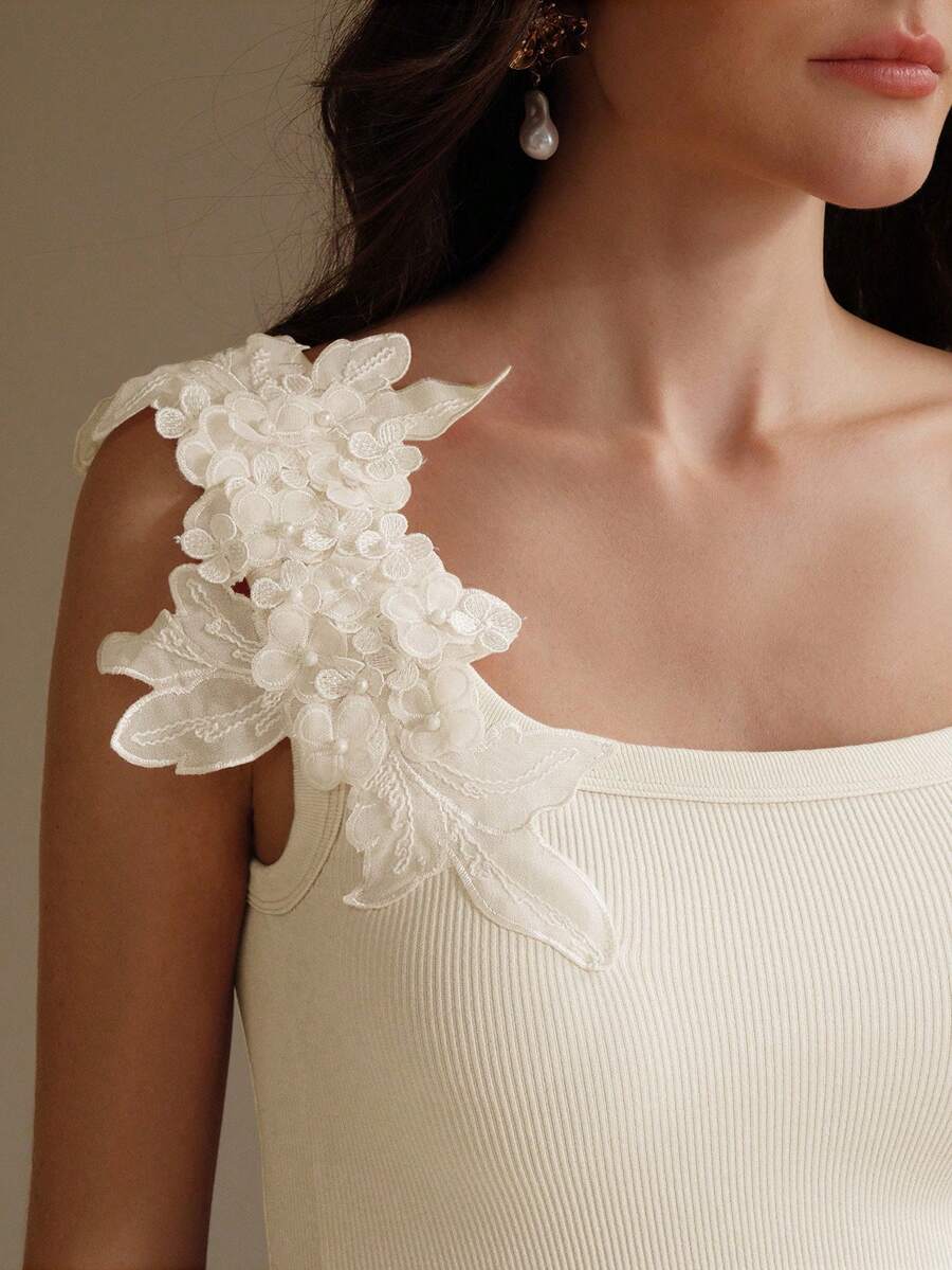 Anewsta Top de tirantes acanalado sin costuras con bordado de moda - Beis - Ver 1