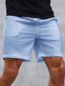 Manfinity Homme Men's Solid Color Slant Pocket Drawstring Waist Casual Shorts, Spring/Summer - Dusty Blue - View 3