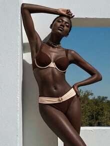 Aveloria Modichic Women's Casual Vacation Brown Textured Fabric Bikini Two Pieces Swimsuit - Brown - View 5