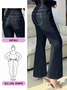 Dazy Plus 深洗蓝色双扣腰部弹性喇叭裤腿牛仔裤 - 深色水洗藍 - 查看 6