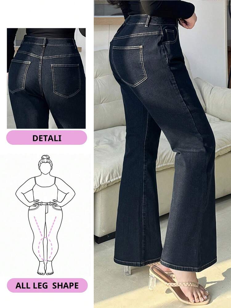 Dazy Plus Dark Wash Blue Two-Button Waist Elastic Flare Leg Jeans