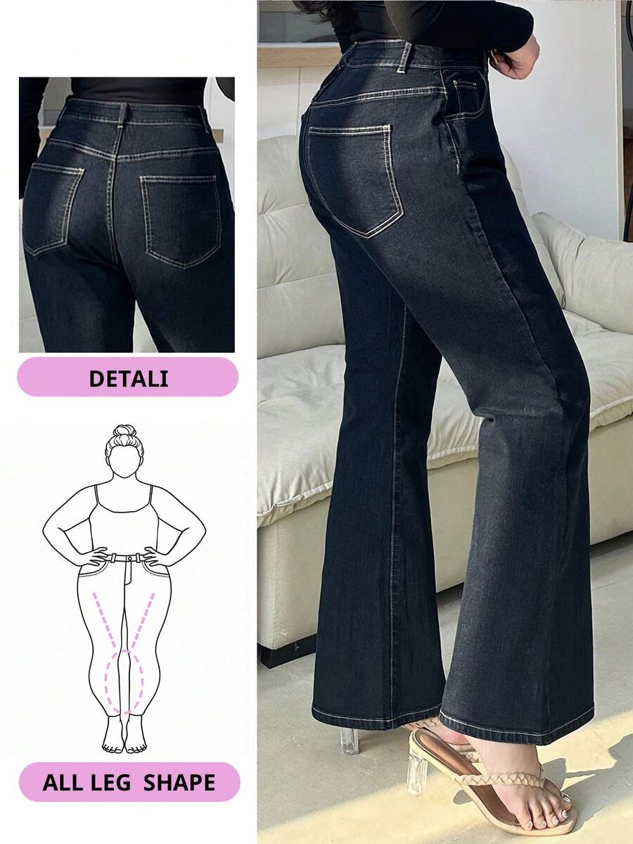 Dazy Plus 深洗蓝色双扣腰部弹性喇叭裤腿牛仔裤 - 深色水洗藍 - 查看 1