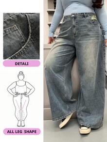 Dazy Plus Jeans de pierna ancha y larga de talla grande, lavados y desgastados, sueltos y relajados, jeans holgados - Neblina azul - Ver 1