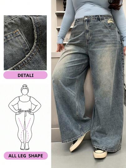 Dazy Plus Jeans de pierna ancha y larga de talla grande, lavados y desgastados, sueltos y relajados, jeans holgados