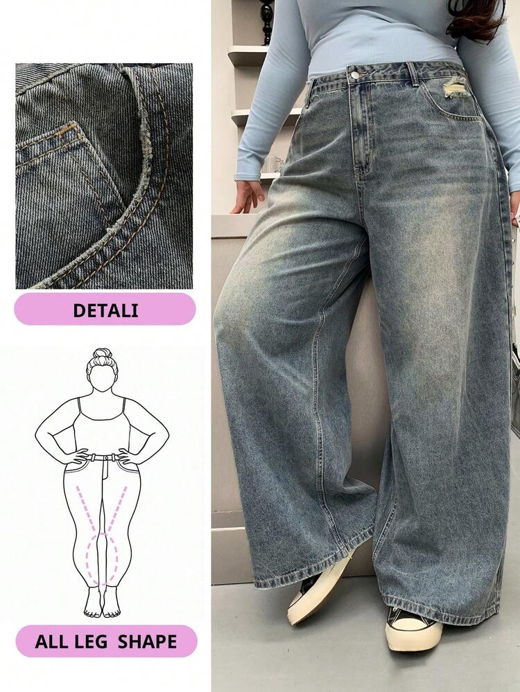 Dazy Plus Plus Size Washed Distressed Loose Relaxed Wide Leg Long Denim Jeans,Baggy Jeans