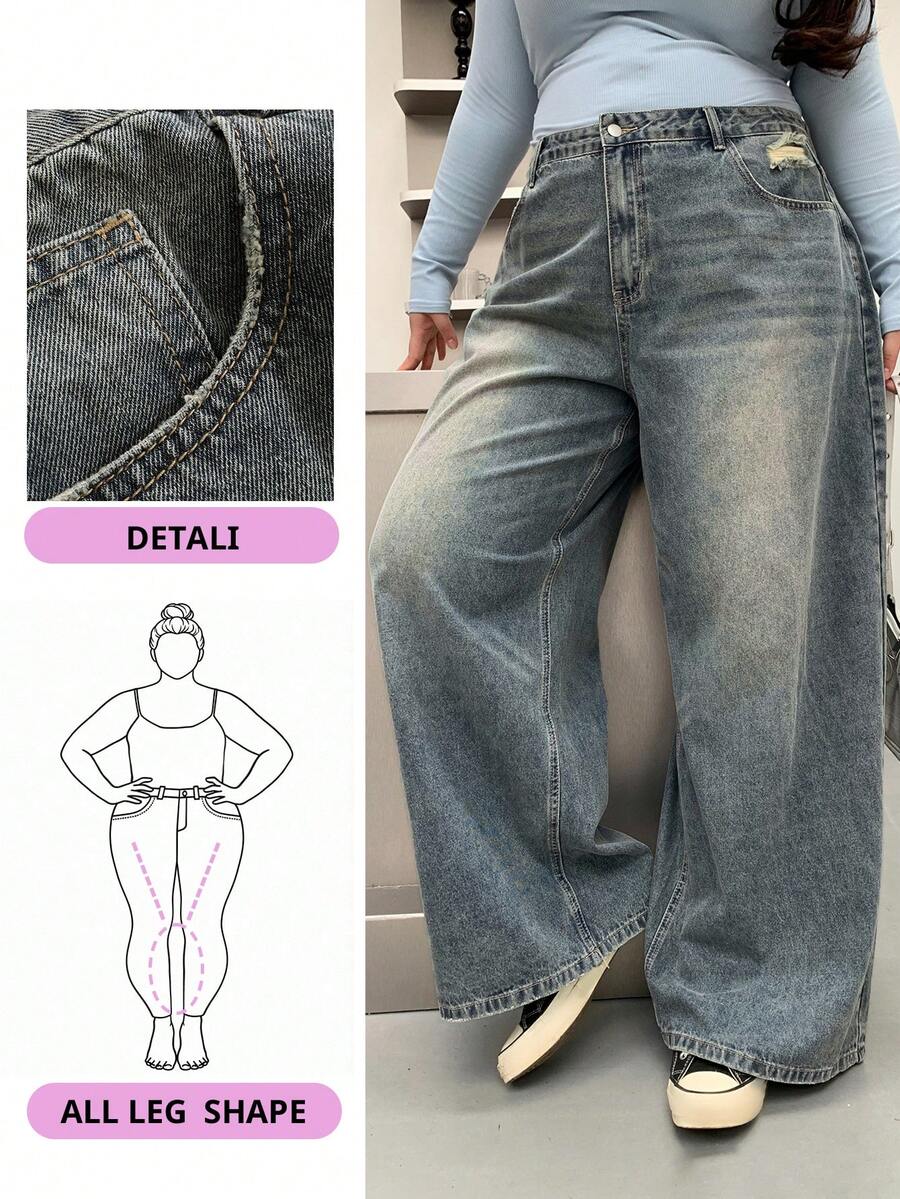 Dazy Plus Jeans de pierna ancha y larga de talla grande, lavados y desgastados, sueltos y relajados, jeans holgados - Neblina azul - Ver 1