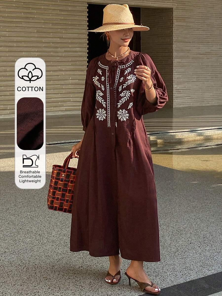 DAZY Đầm sơ mi nữ dáng suông, thêu họa tiết, thắt eo, thích hợp mặc mùa xuân/hè, dự tiệc cưới, váy maxi, phong cách boho, trang phục đi nghỉ mát. - Cà phê - Xem 1