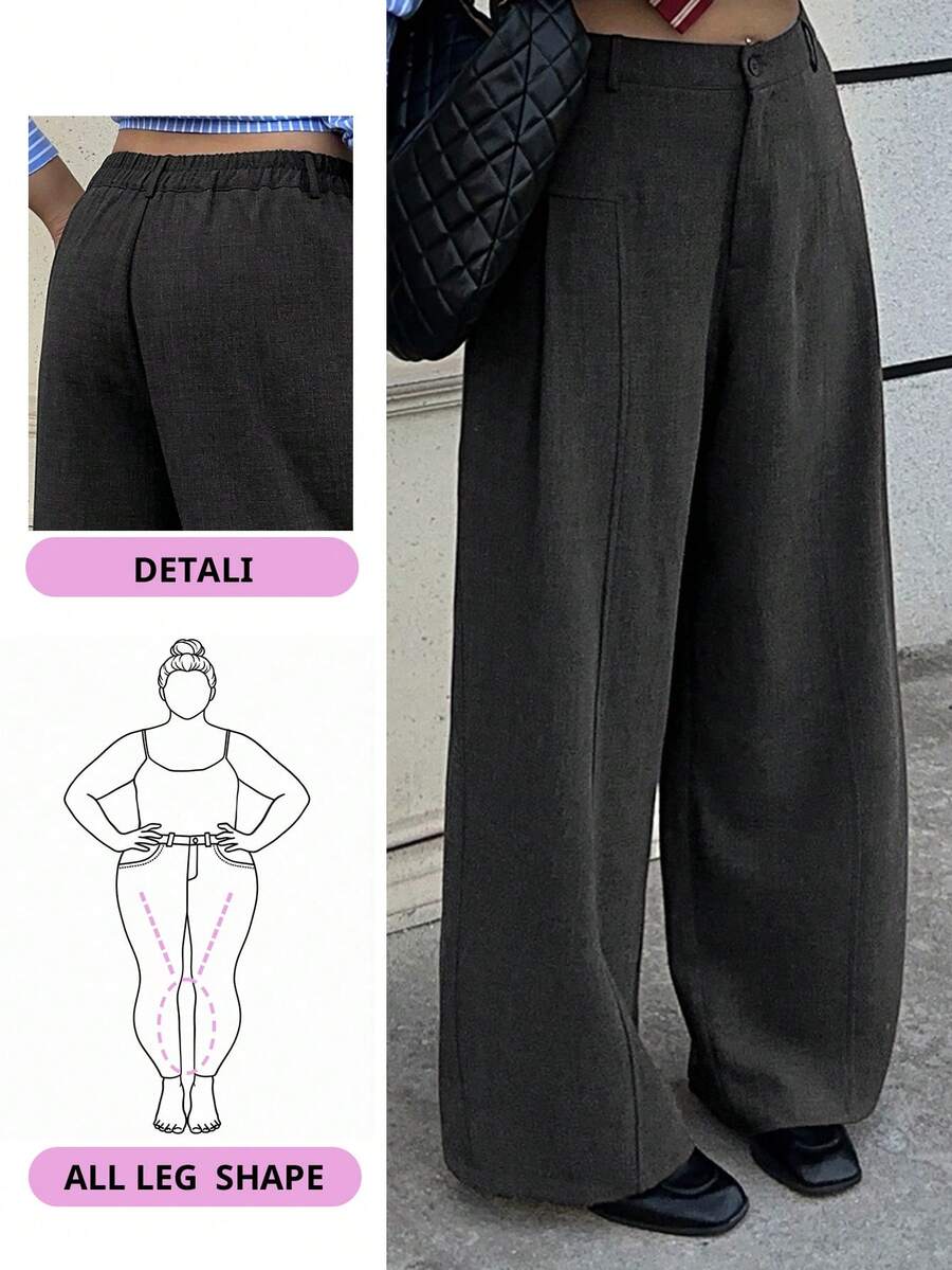 Dazy Plus Quần dài ống đứng dáng rộng xếp ly hai bên dành cho nữ cỡ lớn - Màu xám đen - Xem 1