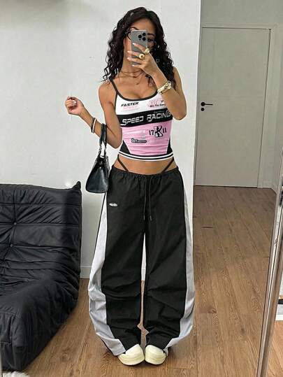 Coolane Casual Sports Style Racing Inspired Black & Pink Contrast Letter & Number Print Pattern Women's Sexy Camisole Tight Vest, Suitable For Spring & Summer,Summer Top