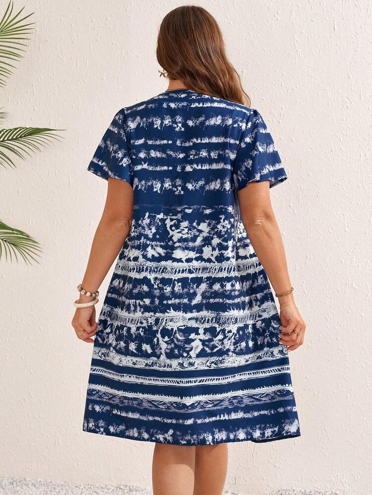 Plus Size Women's Summer Casual Vacation Country Tie-Dye Print Ruffle Sleeve Casual Blue Dress,Summer Outfits For Women ,Vacation Outfits Women ,Holiday Outfits For Women,Going Out Outfits,2026 New Clothes,Simple And Fashionable For Everyday Wear,Suitable For Summer, Vacation, Daily Wear, Festival Outfits For Women,Country Concert Outfit,Beach Outfits For Women,Western Style,Flowy Dress