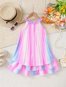 SHEIN Đầm ombre nhiều màu sắc mới cho bé gái, đầm xếp ly ombre bằng vải dệt, đầm 3 lớp màu hồng trơn trang trí nơ phía trước, phù hợp cho bé gái, dễ thương, thanh lịch, thời trang thường ngày, thích hợp cho đi học, đi chơi, nghỉ lễ, mùa xuân/hè. - hồng tím - Xem 3