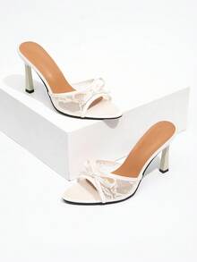 CUCCOO CHICEST New Fashion Versatile Rhinestone Bowknot Strap Stiletto Heel Sandals For Christmas Elegant Shoes Wedding Shoes Spring Shoes Bride Shoes - Beige - View 4