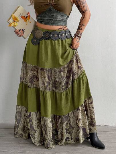 Whyspr New Western Cowgirl Vacation Elegant Woven & Chiffon Printed Elastic Waist A-Line Asymmetrical Hem Skirt, Spring/Summer/Fall