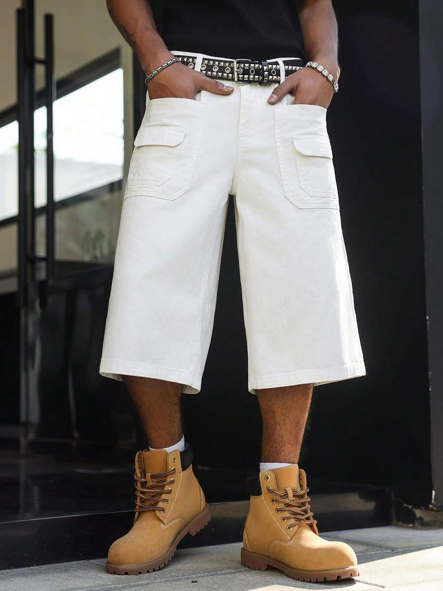 Manfinity Hypemode 男士休闲街头风多口袋白色牛仔短裤 - 白色 - 查看 1