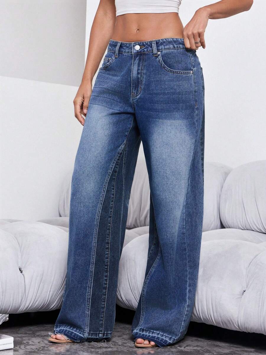 Denimoi Wide Leg Paneled Denim Jeans Multi Wash Jeans Fashionable Streetwear Statement Jeans - Medium Wash - View 1