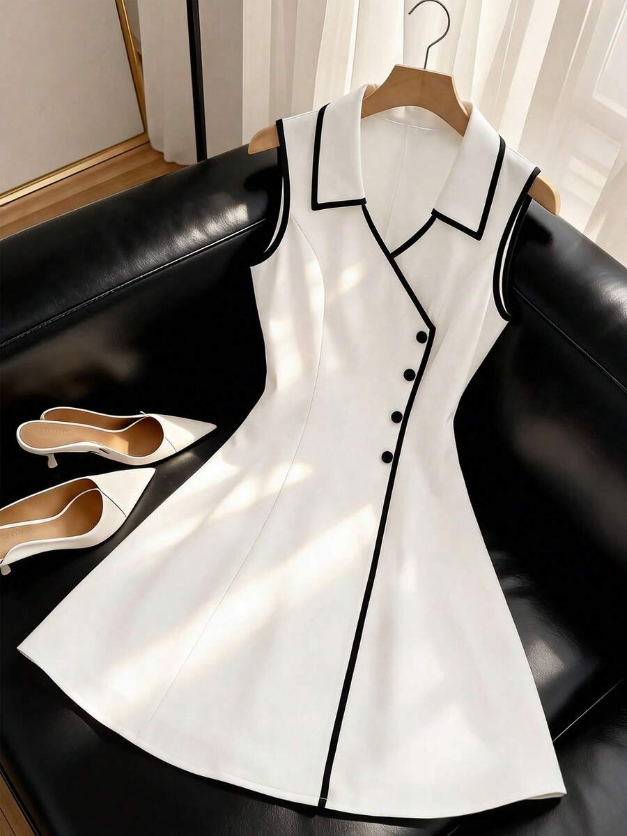 GlowEve Women's Lapel V-Neck Sleeveless Ruched Waist A-Line Elegant Summer Dress - White - View 1