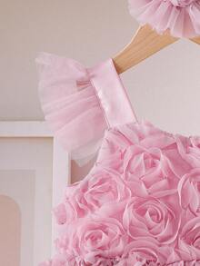 SHEIN Elladie kids 小女孩优雅3D立体花卉刺绣短袖连衣裙，公主裙，适合表演、派对、生日、婚礼等场合。 - 粉色 - 查看 9