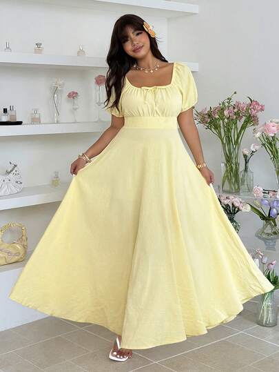 GalTyme Plus Size Women Solid Color Twist Ruched Waist Elegant Party Dress