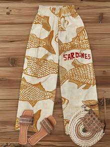 Breezaya Pantalones anchos de pierna ancha con diseño de cordón en la cintura, estampado de pez grande sobre base color albaricoque, para mujer, estilo casual de vacaciones, primavera/verano - Amarillo - Ver 1