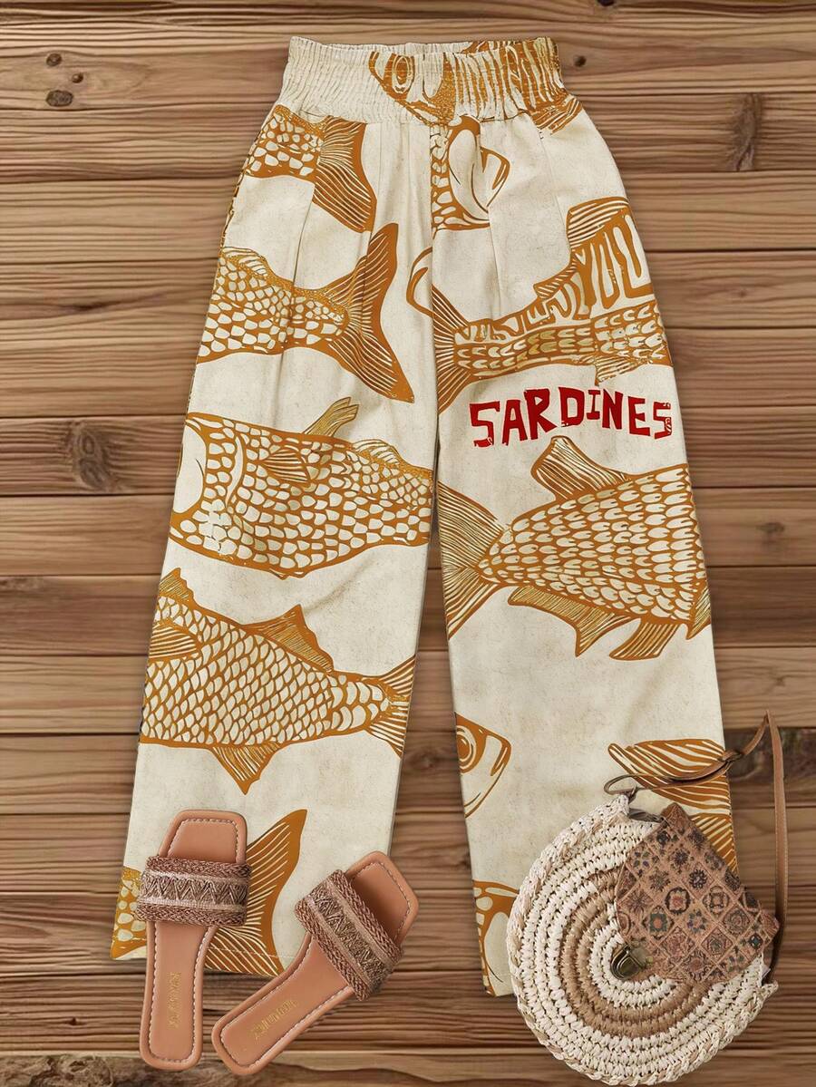 Breezaya Pantalones anchos de pierna ancha con diseño de cordón en la cintura, estampado de pez grande sobre base color albaricoque, para mujer, estilo casual de vacaciones, primavera/verano - Amarillo - Ver 1