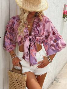 SHEIN Holidaya 女士波西米亚风印花长袖系带上衣 - 粉色 - 查看 4