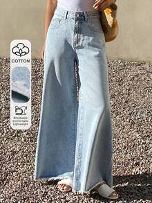 DAZY Women's Regular Mid-Waist Frayed Hem Loose Straight Leg Casual Jeans - Light Wash - View 1