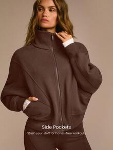 GLOWMODE 日常羊毛保暖轻薄柔软保暖轻盈前后缝线细节口袋蝙蝠袖高领全拉链夹克秋冬日常休闲 - 棕色 - 查看 5