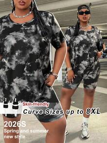 SHEIN CURVE+ 返校季休閒極簡黑色圖案兩件套，適合夏季戶外穿著，大尺碼，夏季運動正式度假穿搭 - 黑色 - 查看 6