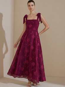 BELROSIE French Design Luxurious Elegant Burn-Out Camisole Tie-Up Waist Flared Sleeveless Dress - Burgundy - View 4