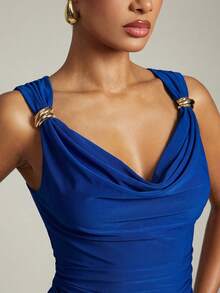 Hauture Women's Basic Casual Office Ruched Shoulder With Gold Decor Cowl Neck Top - Navy Blue - View 5